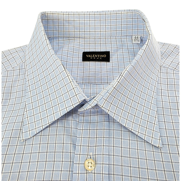 Quiet Luxury Valentino Roma Dress Shirt Men 17.5 Blue Check Italian - Picture 4 of 14